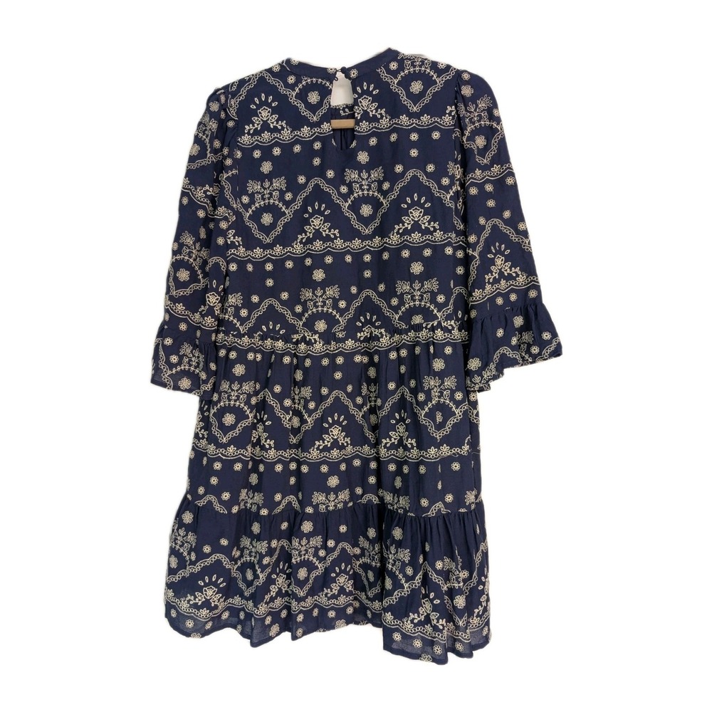 Floral Embroidered Mini Smock Dress with Flare Flowly Sleeve Sz M Navy White - Picture 2 of 5